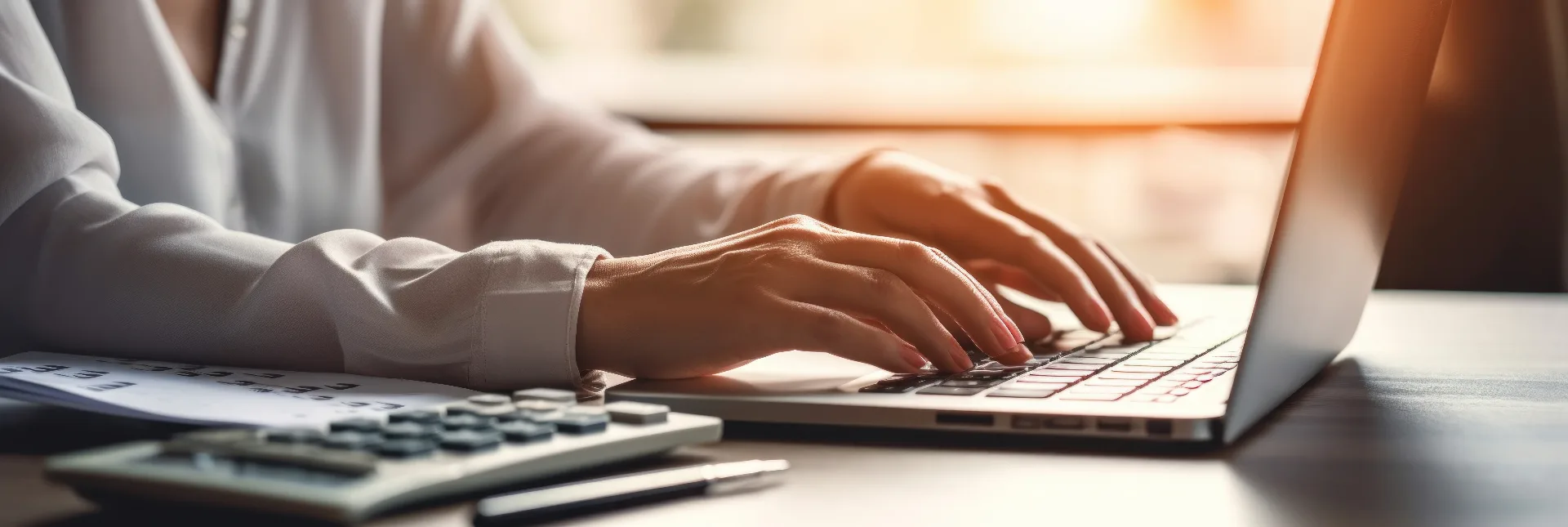 Professional hands typing on a laptop with calculator and documents