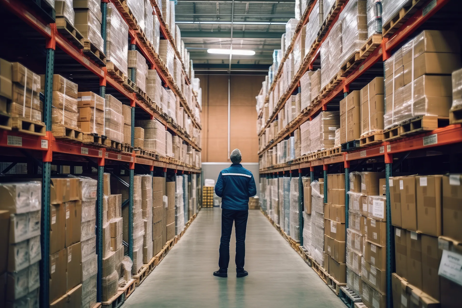 Warehouse employee standing in an aisle between tall inventory shelves